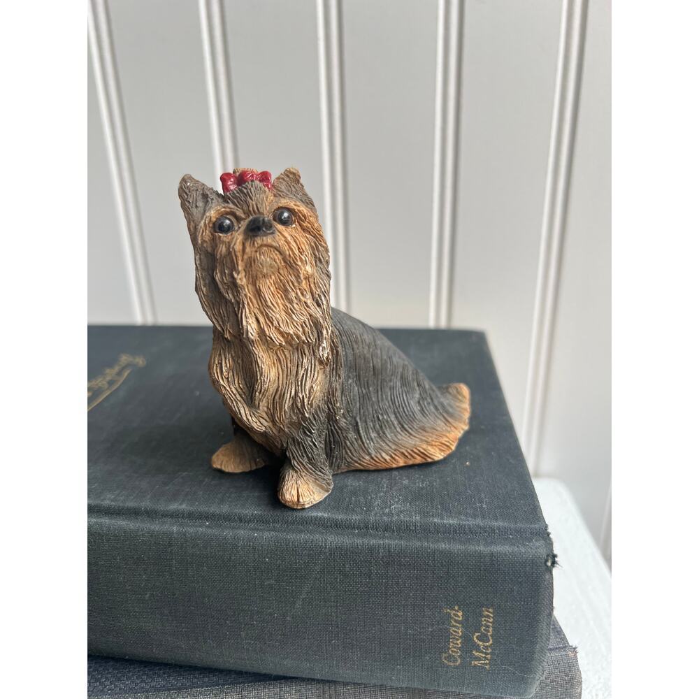 Vintage Stone Critters Yorkshire Terrier Yorkie Dog Figurine With a Red Bow